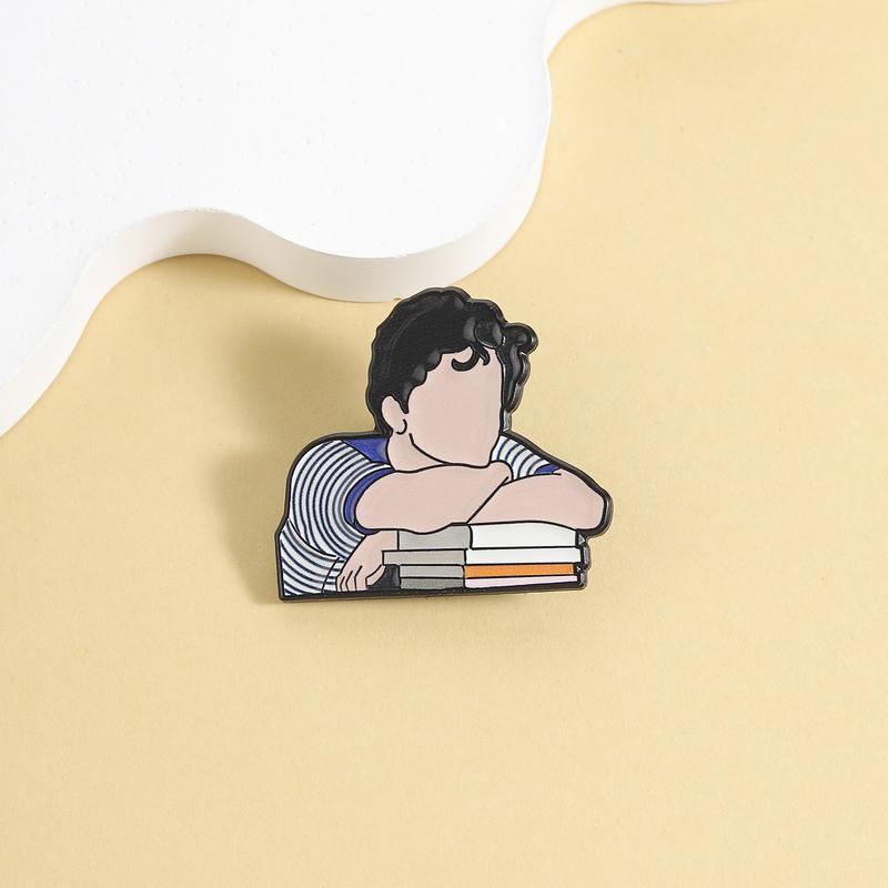 Retro Cartoon Artistic Figure Resting On Books Enamel Pin Intellectual Lapel Badge Elegant Gift For Book Lovers Brooch