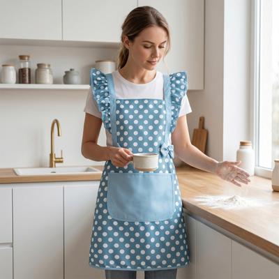 Twill Cotton Apron with Polka Dot & Ruffle Straps Water-Resistant Kitchen Apron for Cooking Baking Breathable Large Front Pocket Home Apron
