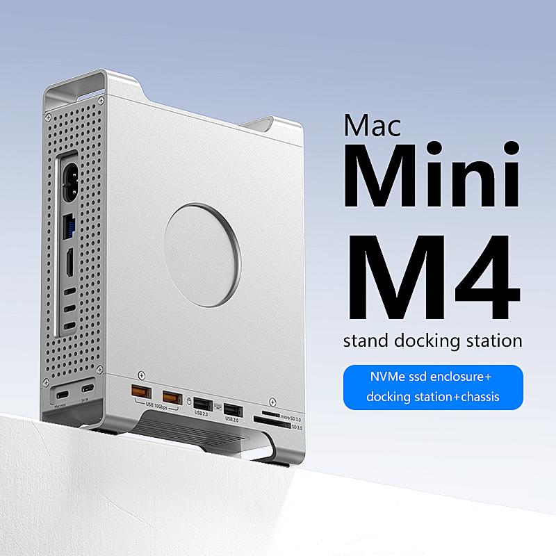Aluminum Alloy Case with M.2 NVMe SSD Enclosure with USB 3.2 10Gbps USB 2.0 SD/TF Slots for Mac Mini M4 Bracket