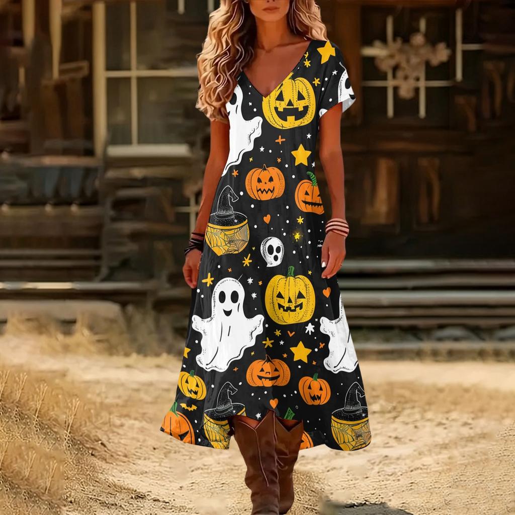 Womens V Neck Short Sleeve Midi Dress Halloween Pumpkin Print Vintage Style Casual Beach Wear Split Hem Summer Dress