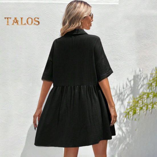 Women's Short Sleeve Shirt Dress Lapel V Neck Button Down Swing Dress Summer Casual Flowy Beach Sundress