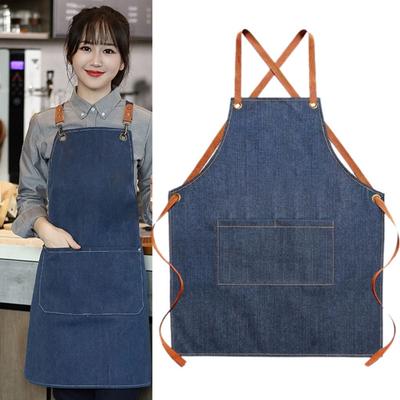Mit Tasche Kreuzrücken Denim-Schürze Schmutzabweisende Malerschürze Waschbare Küchen-Kochschürze für Erwachsene