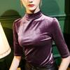 Autumn Half High Neck Velvet Bottoming Shirt Women's Five Quarter Sleeve Slim Fit with Gold Velvet Half Sleeve Stand Collar Top