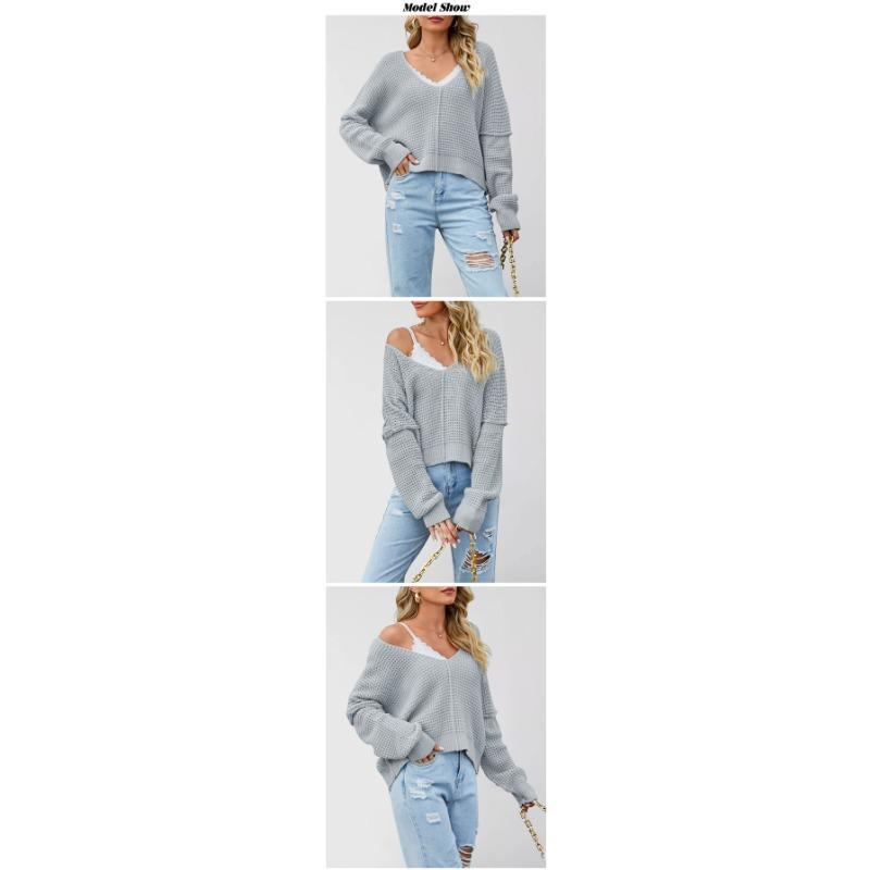 Women S V Neck Off Shoulder Knit Sweater Solid Color Casual