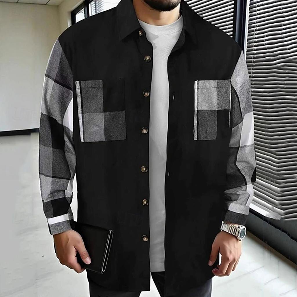 Men's Color-blocked Shirt Long Sleeve Men's Casual Fashion Trend With Pocket Shirt Jacket