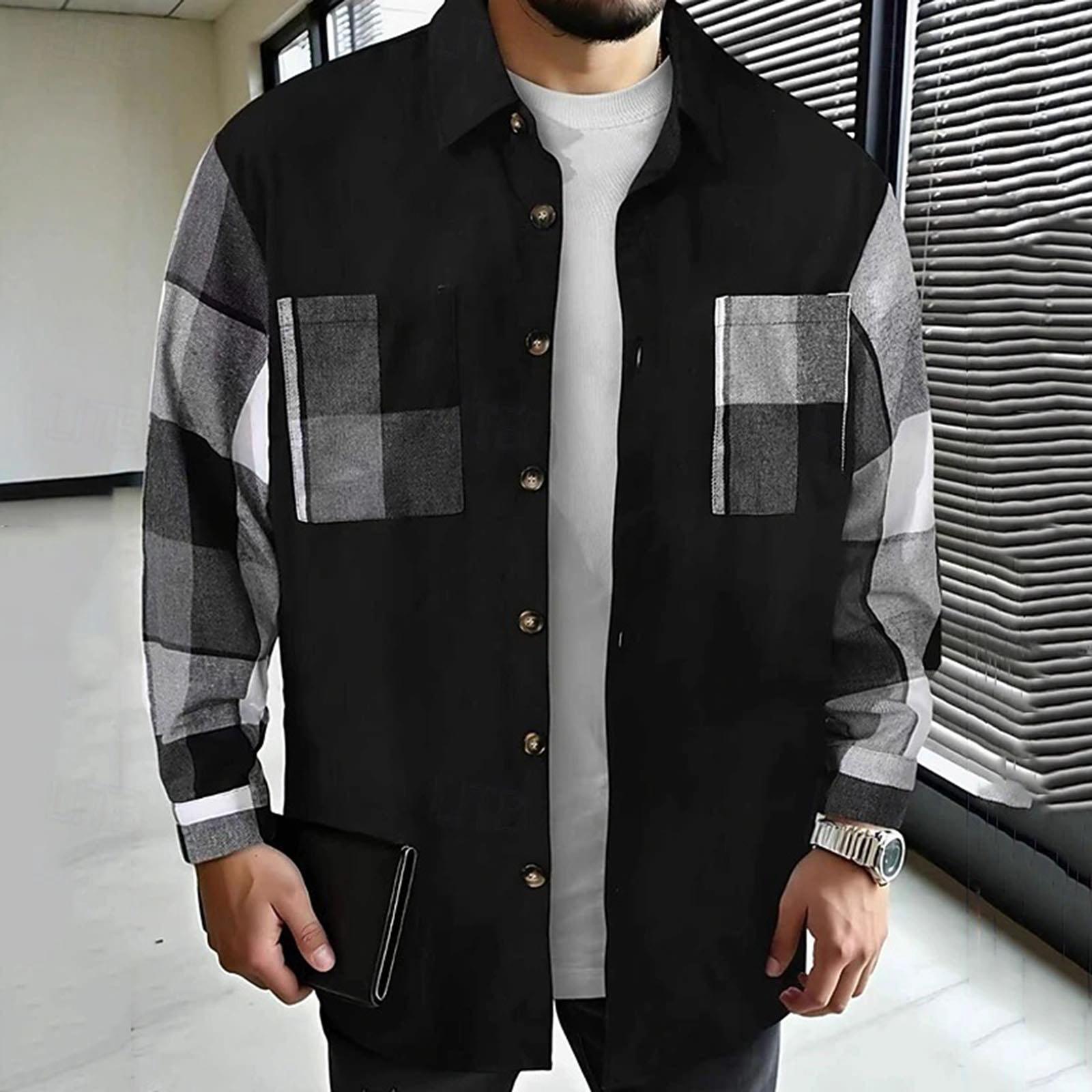 

Men s Color-blocked Shirt Long Sleeve Men s Casual Fashion Trend With Pocket Shirt Jacket XL чорний