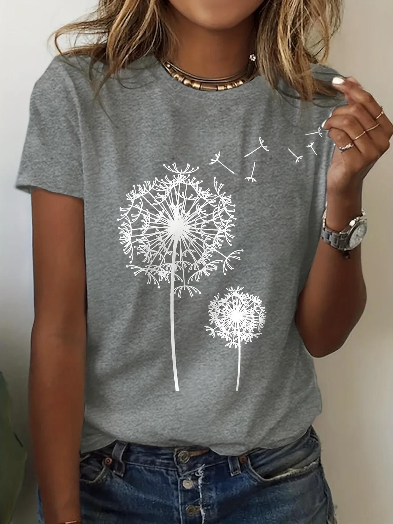 

Casual Short Sleeve Top for Spring & Summer Women s Clothing Dandelion Print Crew Neck T-Shirt 4XL