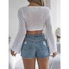 GMXIA Summer Hollowed-out Striped Tie Long-sleeved Crop Top Knitted Cardigan for Women with Sun Protection