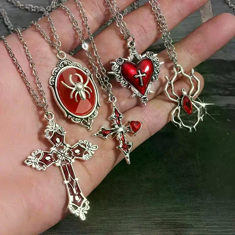 5Pcs Gothic Necklace Set For Women Halloween Jewelry Heart Bat Spider Cross Pendant Sweater Chain Trendy Daily Accessories Gift