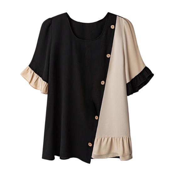 

Women Tops Crew Neck Short Sleeve Pullover Tops with Irregular Ruffle Hem Block Design Buttons Decor Loose Fit Versatile Blouse XL чёрный