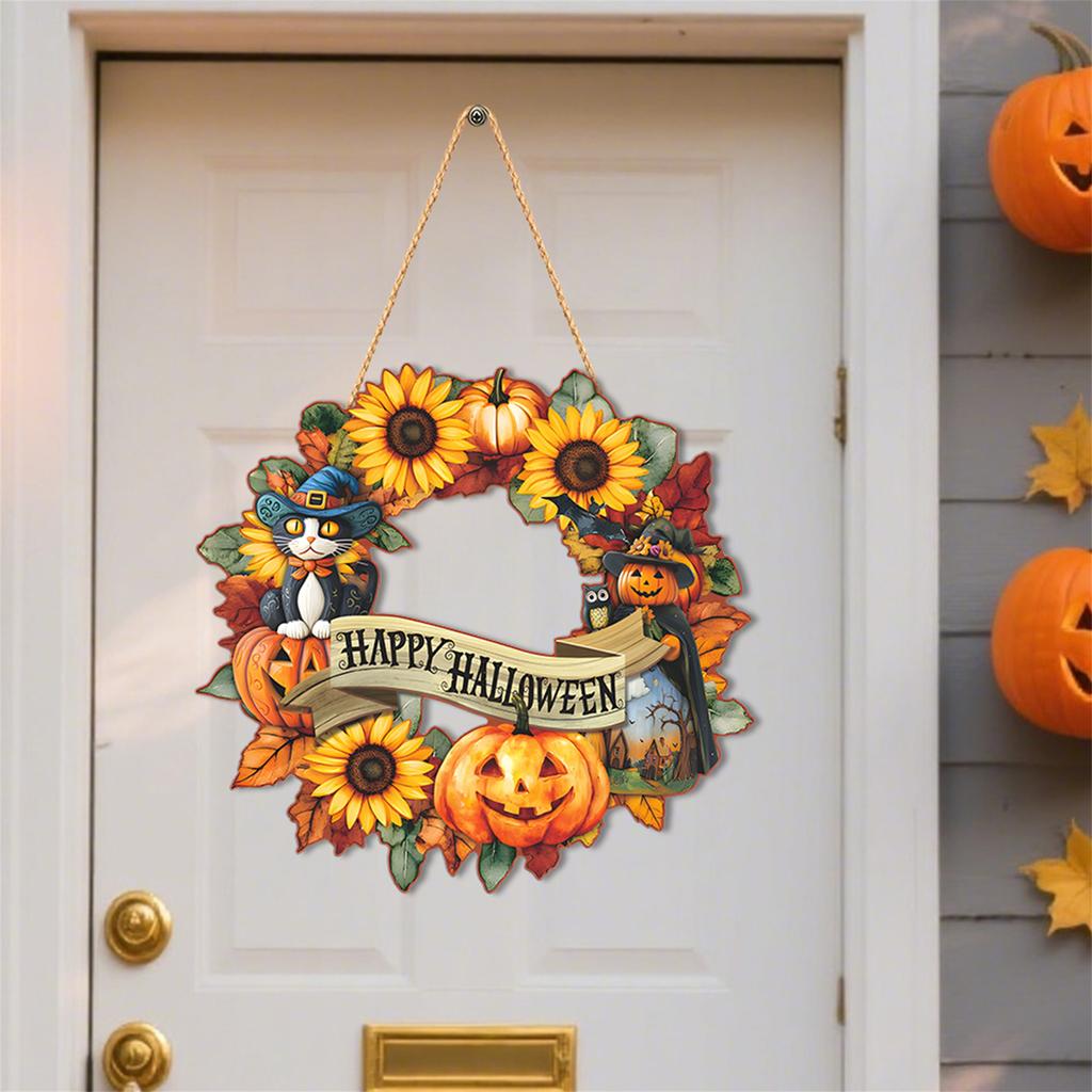 Colorful 2D Flat Halloween Ghost Bat Witch Pattern Wooden Door Hanger for Front Door Wall Window Decoration