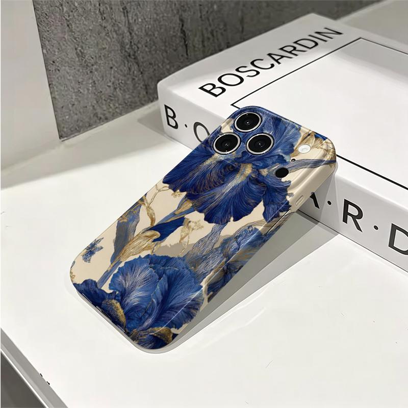 Gilded Iris Blue Gold Luxury Floral Graphic Art Film Aesthetic Protective Shockproof Bumper Phone Case Cover For iPhone 14 15 16 Pro Max Plus
