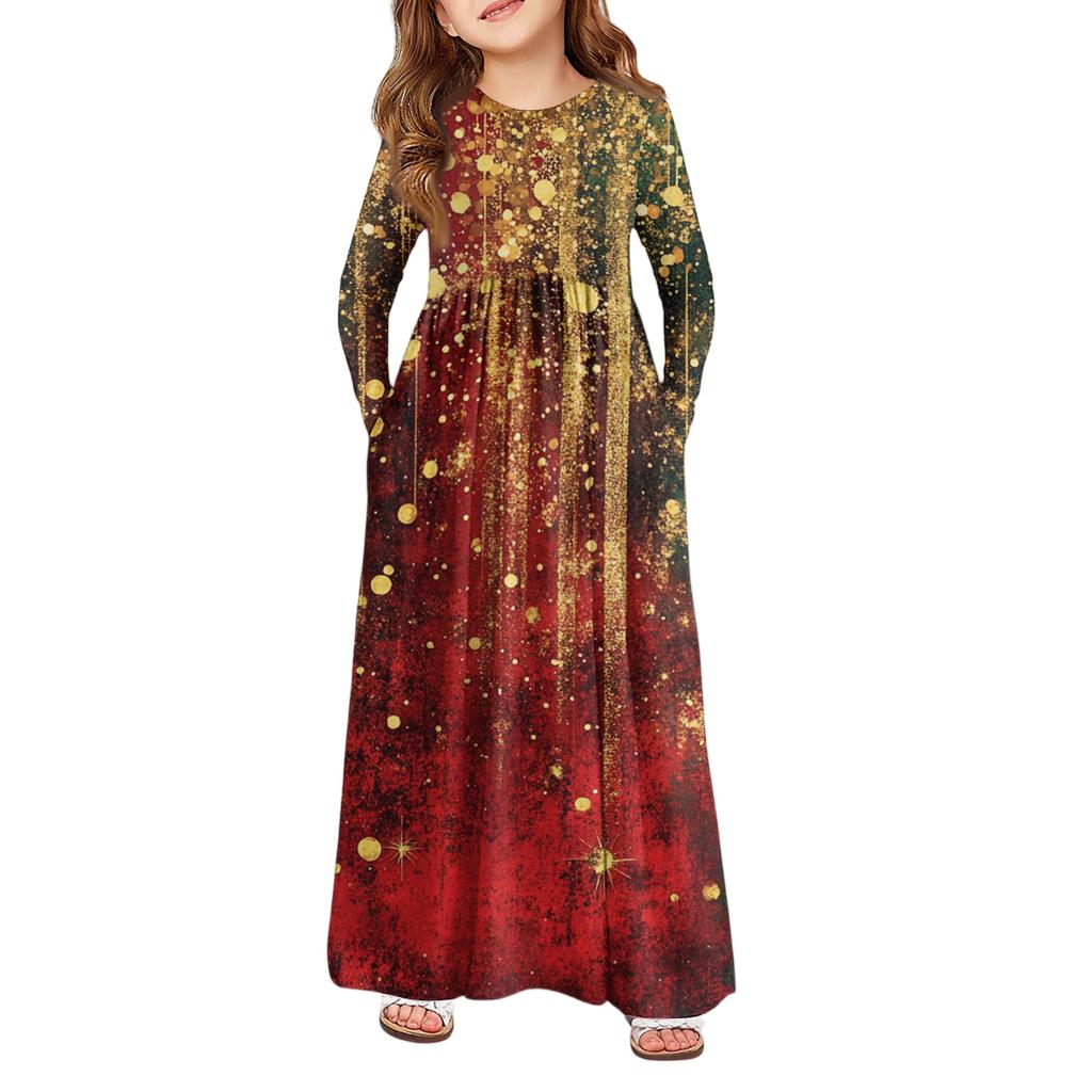 Девичье платье макси - Платье с длинным рукавом и карманом на Рождество