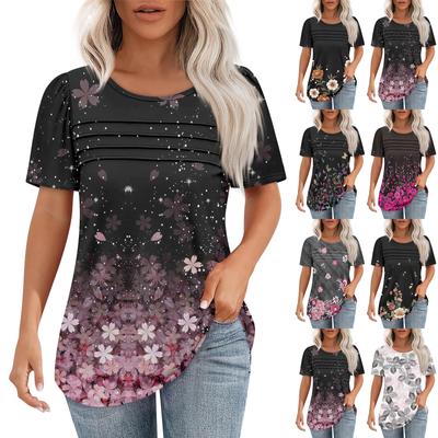 T Shirts For Women Pleated Round Neck Dressy Casual Blouses Printing Short Sleeve Summer Tops Loose Fit