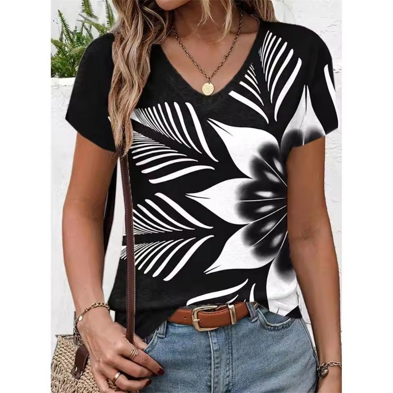 Summer New Women's T-shirt 3D Simple Printing V-neck Short Sleeve Shirt Fashion Plus Size T-shirt Clothing Y2k Women's T-shirt