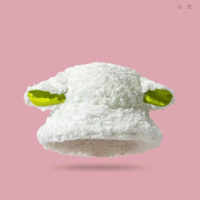 Winter baa sheep ear hat female cute lamb plush bucket hat female versatile warm lamb hat tide