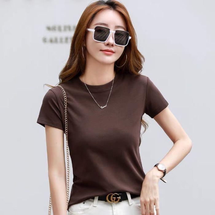 American Summer T-shirt Women's Shoulder Short Sleeves Summer Thin Round Neck Short Cotton Slim Fit Sweet and Spicy Tight Top