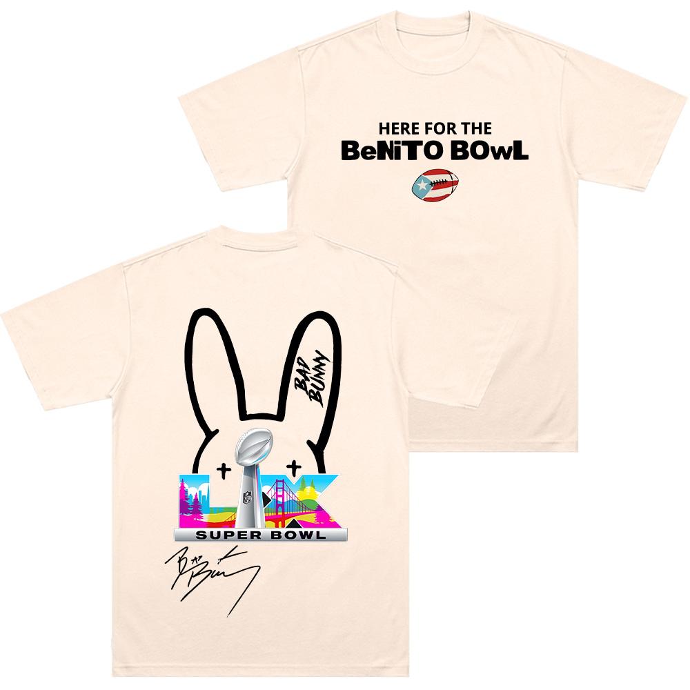 Bad Bunny Super Bowl LX Here for The Benito Bowl Signature T Shirts Unisex Graphic Cotton O-Neck Short Sleeve Tops