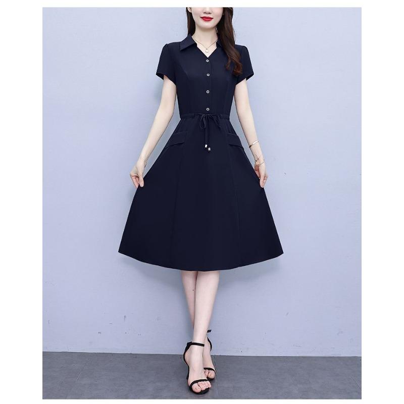 YYFS Damenmode Sommer Frühling Einfarbiger Druck Kurzarm POLO-Ausschnitt Hohe Taille Freizeitkleider