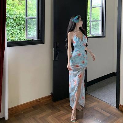 Rochie Maxi Albastră cu Flori, cu Bretele Subțiri și Spate Decoltat, pentru Vacanță