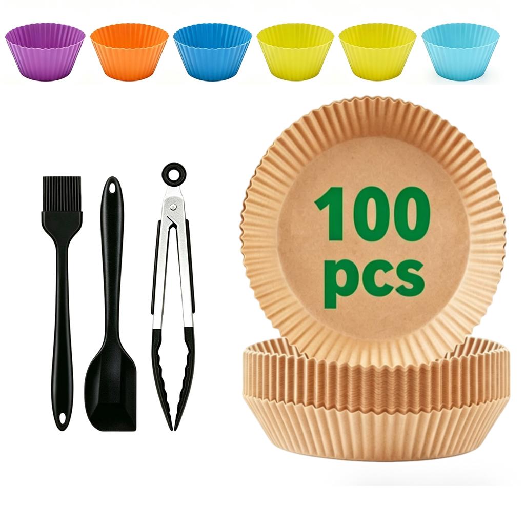 Air Fryer Paper Disposable Non-Stick Liners With Baking Tools: Cake Cups, Brush, Tongs & Gloves For Oven Airfryer Microwave