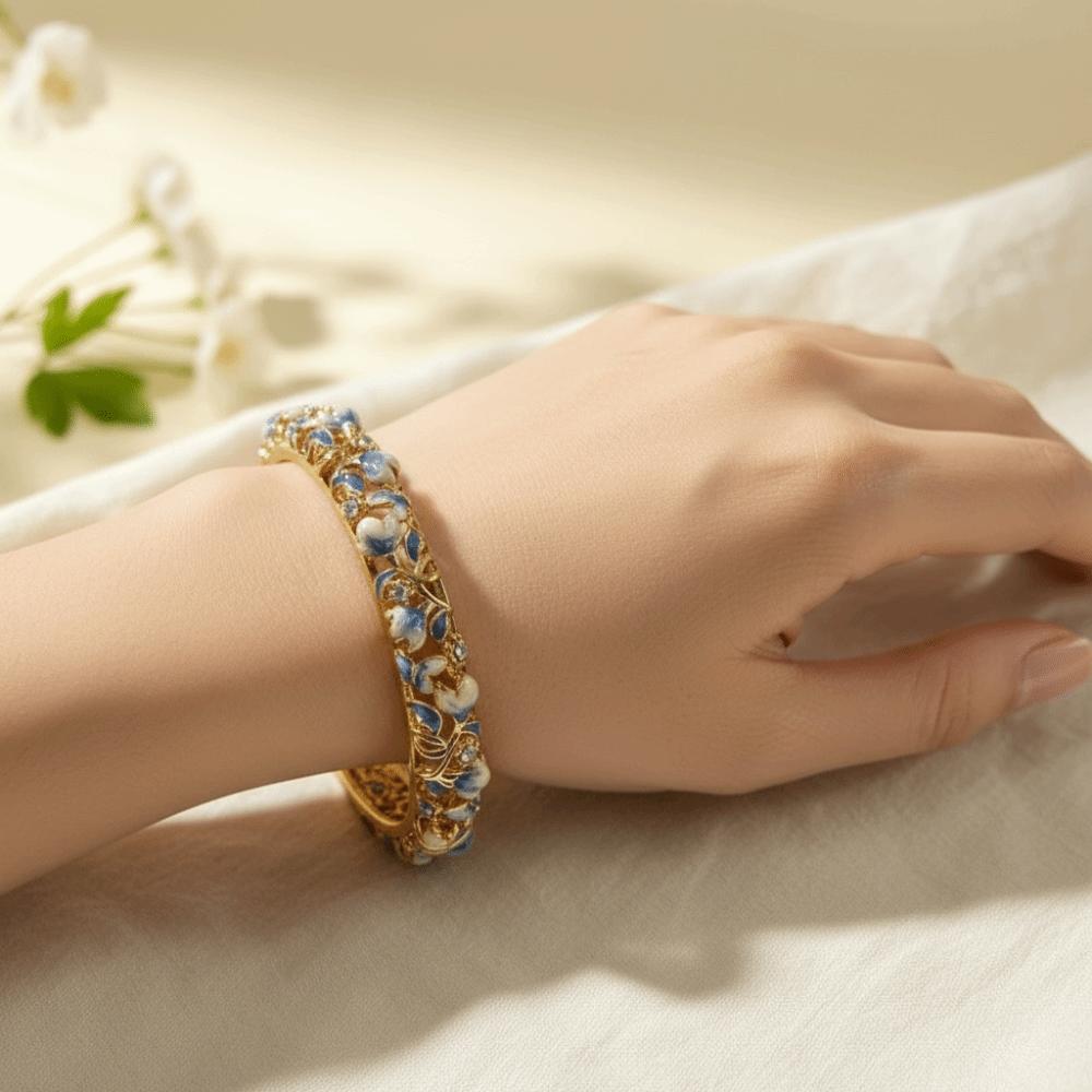 Enamel Chinese Flower Bangle Hollowed Floral Women's Hand Bracelet Vintage Cloisonne Bangle  Ladies