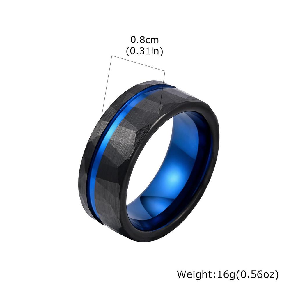 8mm Black Tungsten Steel Ring with Brushed Outer and Hammered Inner Finish - Style TCR-104B07.