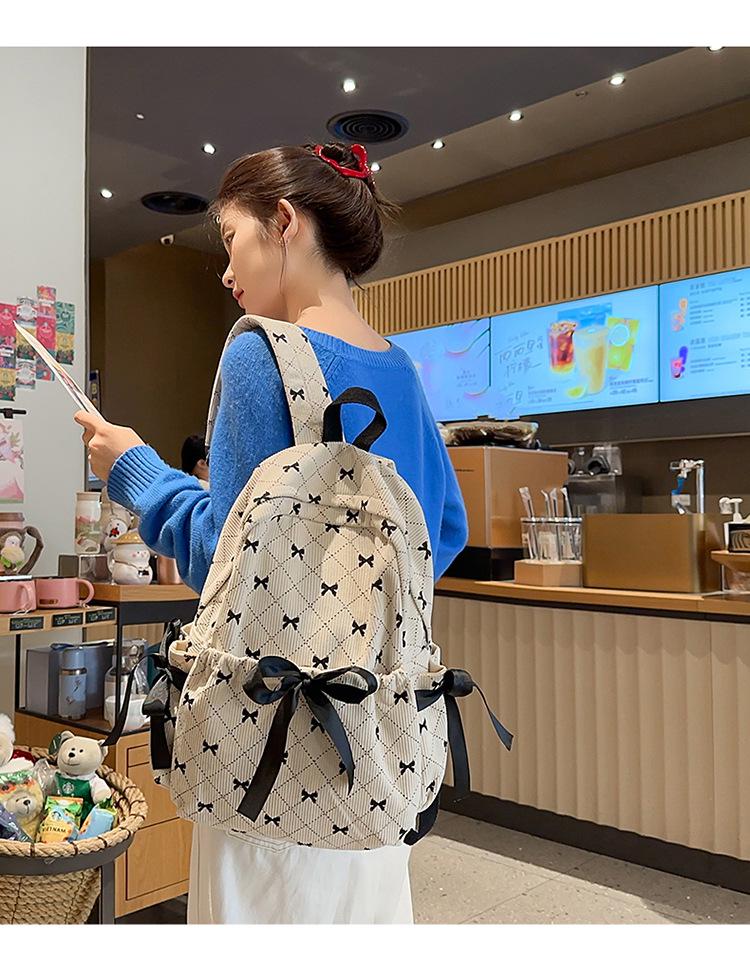 Women's Large Capacity Corduroy Backpack - Stylish, Lightweight, Casual School Bag with Bow for Junior High Students