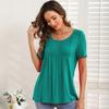 Women’s Shirts Round-neck Short Sleeves Loose Tops Pullover Pleated Stripes T-shirts Solid Color Summer Spring Casual Wear