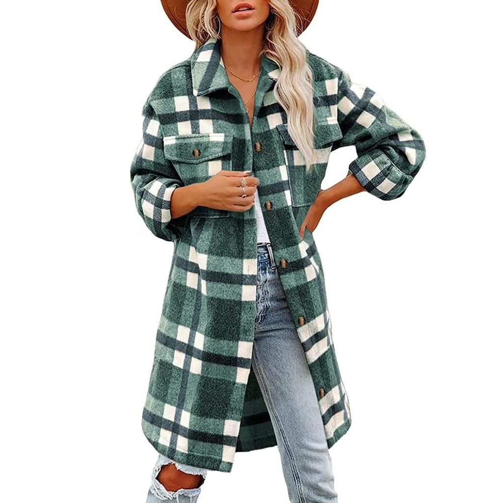 Women's Brushed Plaid Shirts Long Sleeve Flannel Lapel Button Down Pocketed Shacket Jacket Coats