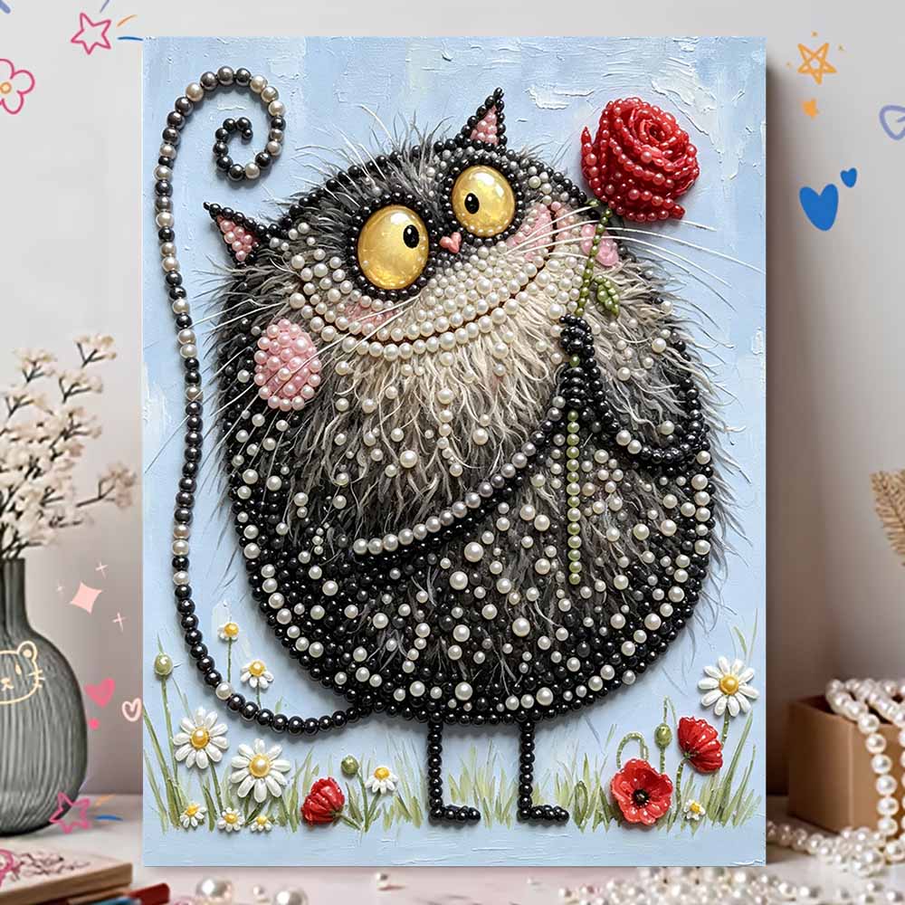 DIY Pearl Painting Canvas Cute Black Cat With Red Rose 3D Bead Art Kit Relaxing Handmade Craft for Room Decoration Gift Hobby Supplies Project
