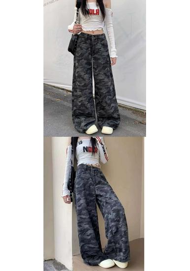 American High Street Retro Camouflage Wide-Leg Jeans, Women's Autumn High-Waist Loose Pants
