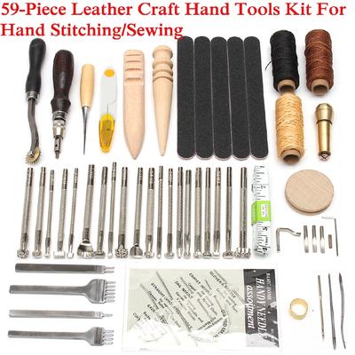 59PCS Leather Craft Hand Tools Kit Thread Awl Waxed Thimble Kit Hand Stitching Sewing Stamping DIY Tool Set