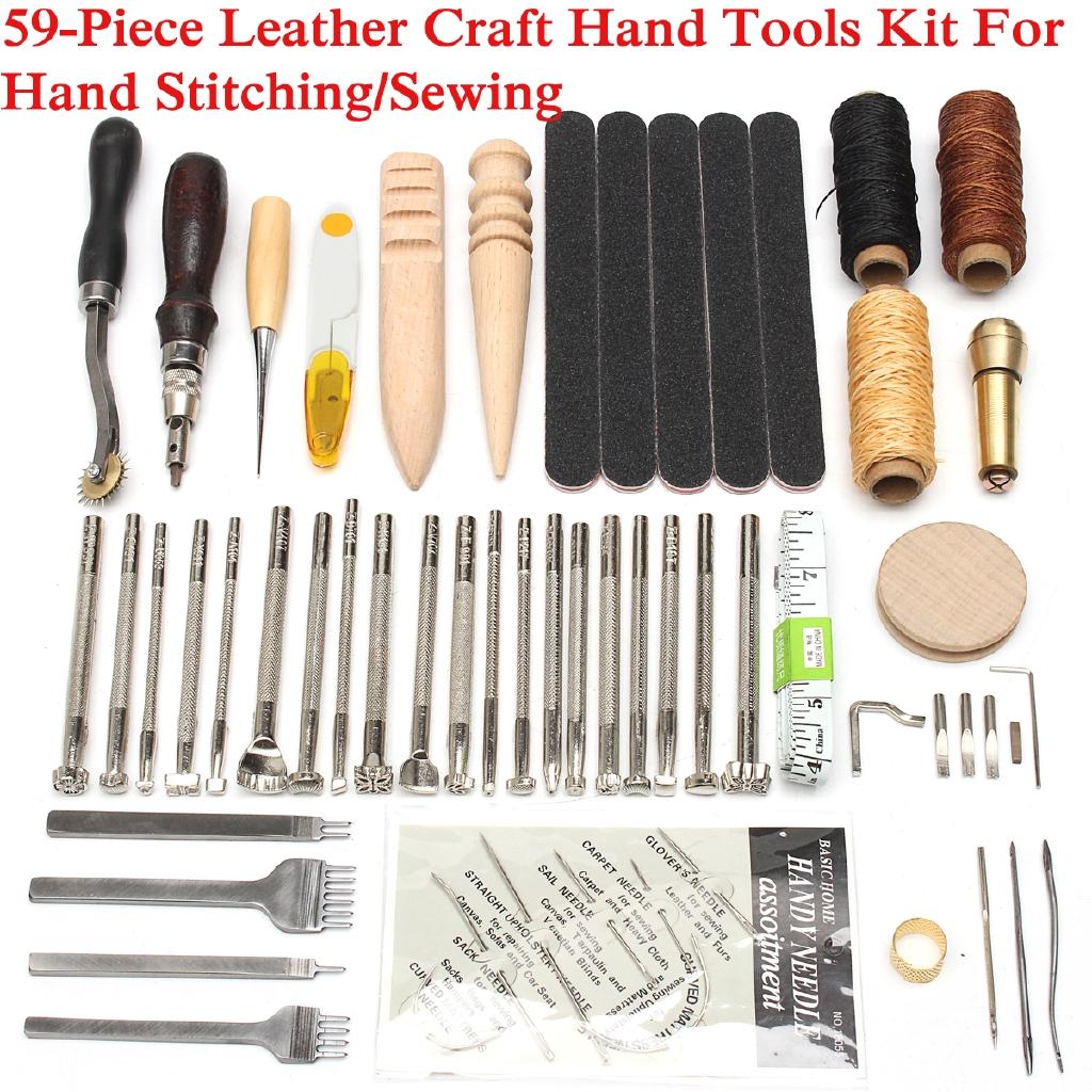 59PCS Leather Craft Hand Tools Kit Thread Awl Waxed Thimble Kit Hand Stitching Sewing Stamping DIY Tool Set