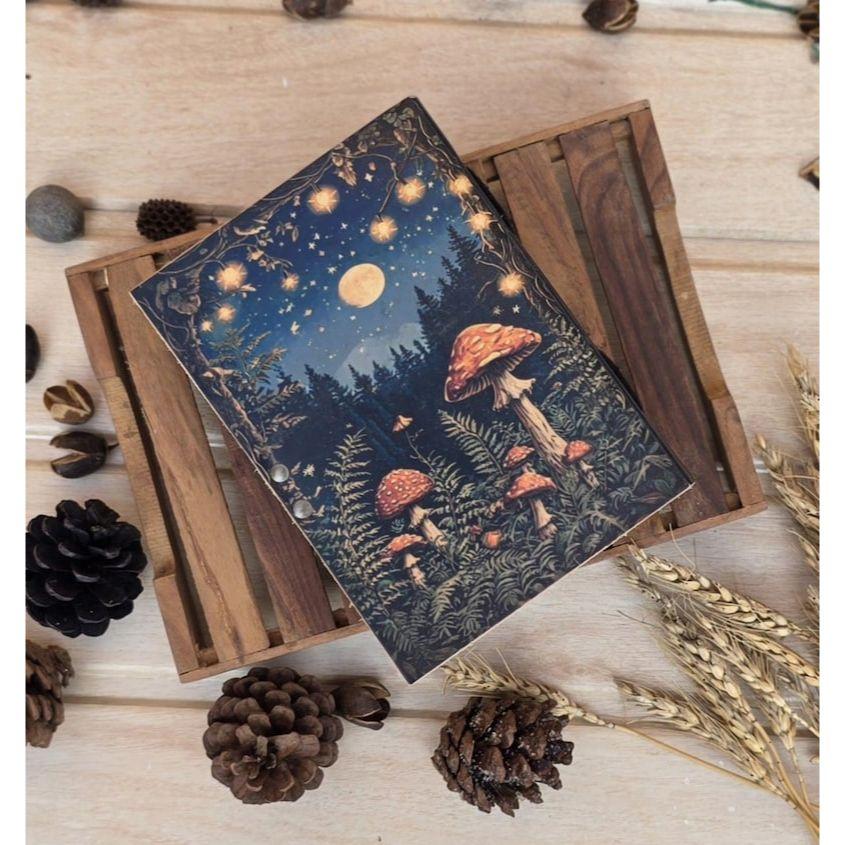 Handmade Leather Journal with Lock: Mushroom & Fairy Tale Grimoire