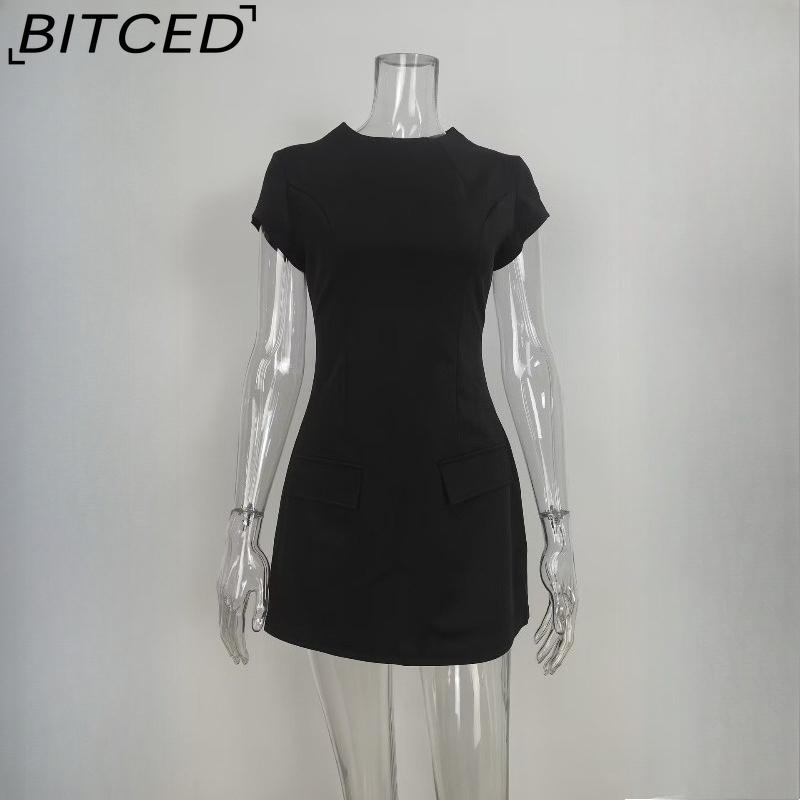 BITCED Spring Collection Solid-Colour O-Neck Short-Length Waist-Defining Pocketed Elegant Dress