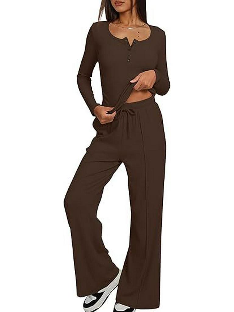 European & American Women's Solid Color Long-Sleeve Two-Piece Button Round Neck Pants Set