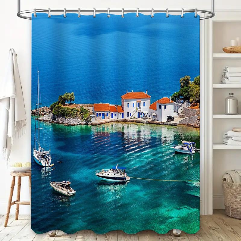 unframed Mediterranean Coastal Shower Curtain Sea View Ocean Decor Beach Themed Bathroom Fabric Waterproof Home Decor Artistic P