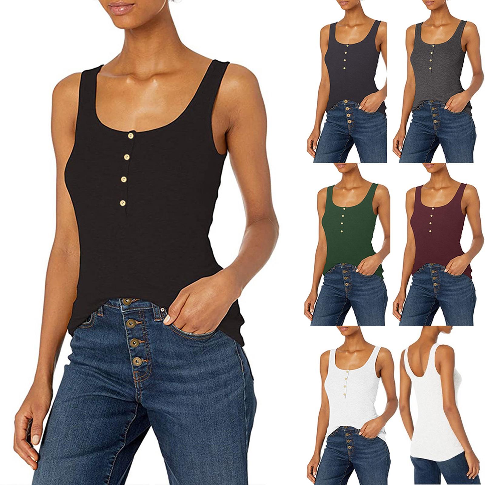 

Fashion Women s Casual Solid Color Button Sleeveless Camisole Blouse Tank Tops