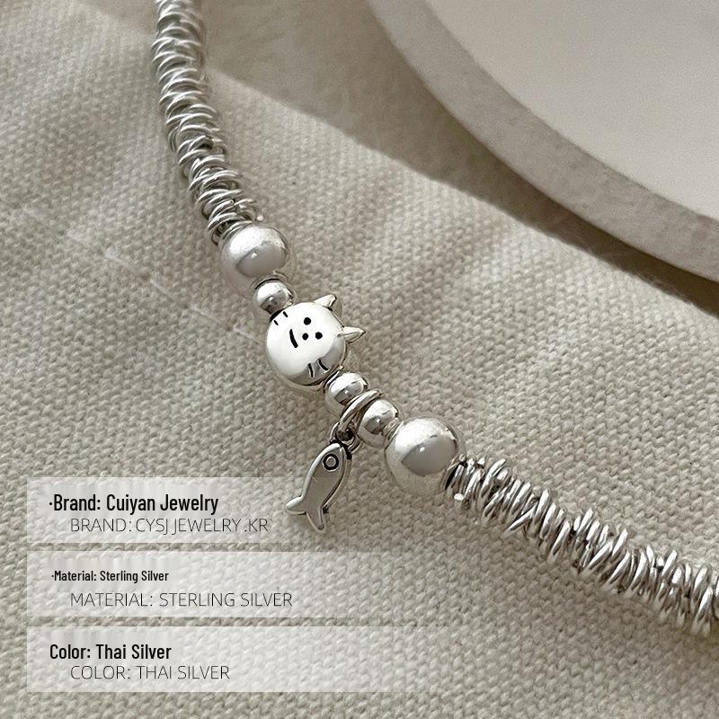 Cui Yan S925 Sterling Silver Korean Style Cat & Fish Wrap Bracelet for Women - Simple, Niche Design, 2025 New Collection.