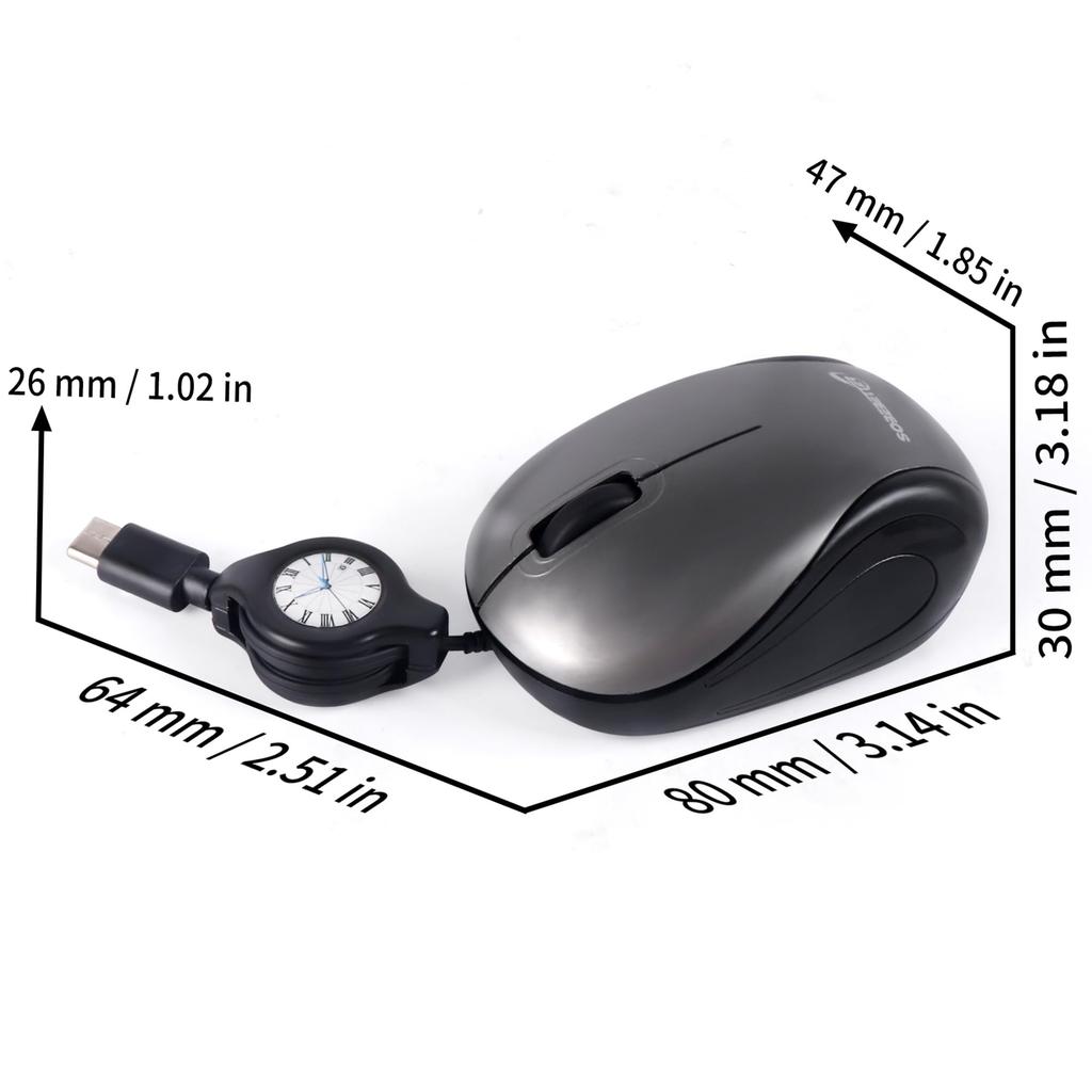 Type-C Wired Retractable Mouse, Compact, Quiet, Mobile, Mini, Optical, Small Size, 3 Buttons, Portable, for Kids, Compatible with PCs, Tablets, and