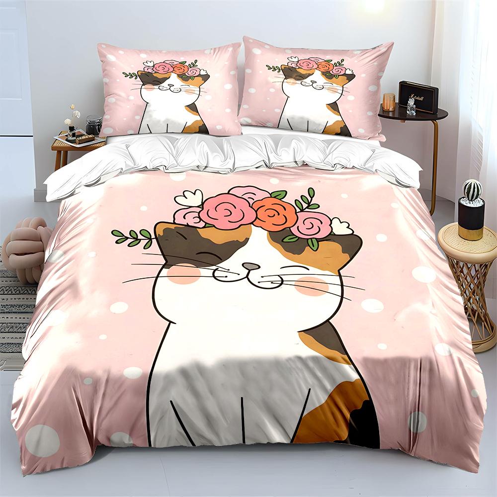 Cartoon Cat With Floral Crown Pink Print Bedding Set 1 Duvet Cover 2 Pillowcases For Adult And Children Luxury Gift Full Size