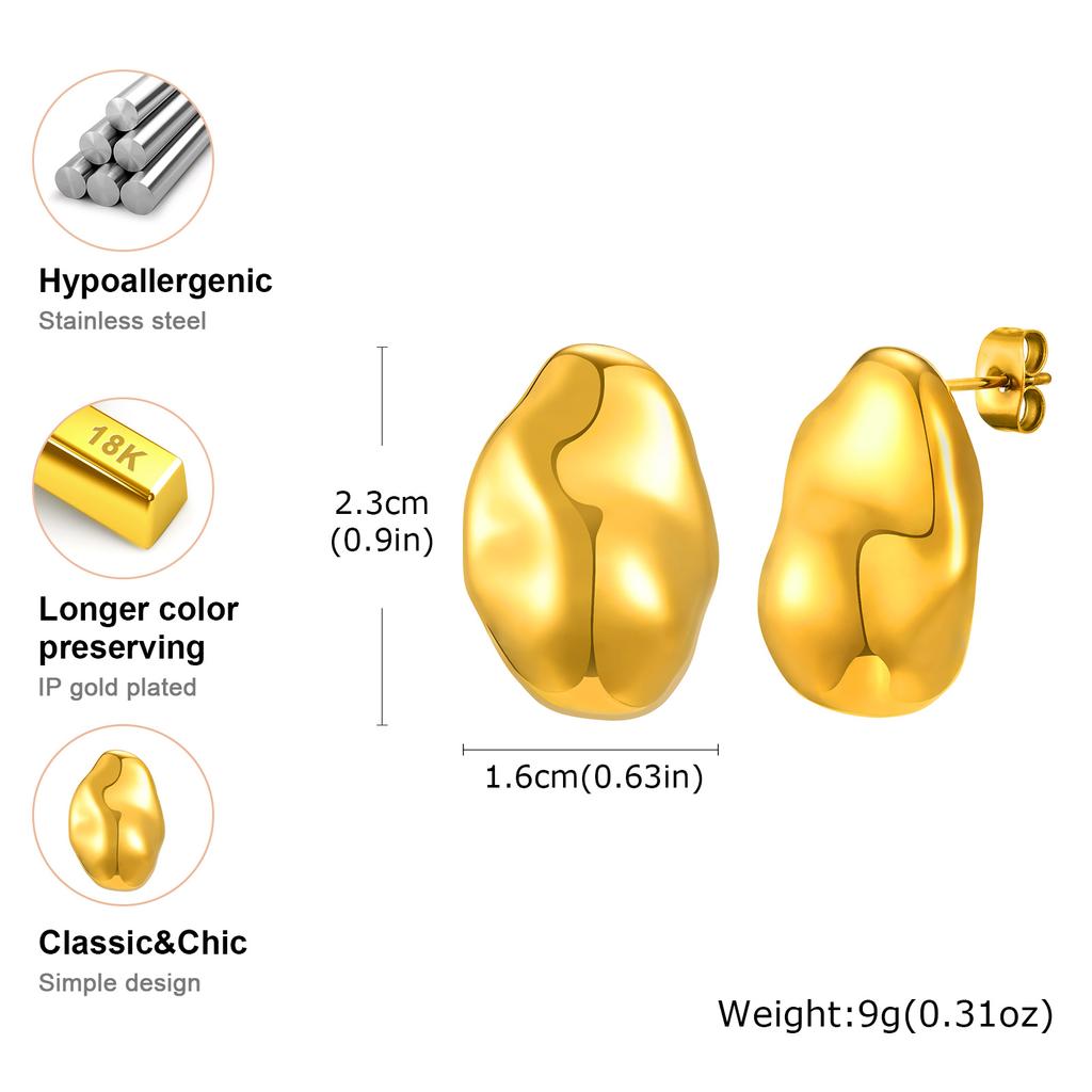 Vintage Oval Irregular Stainless Steel Stud Earrings for Women, Exaggerated Personality Design Gold Plated Earrings Jewelry