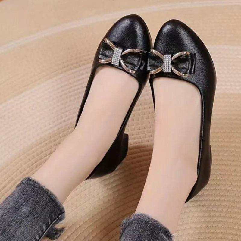 Coarse heel single shoes women's high-end small leather shoes new mid-heel versatile four-season women's shoes soft-soled high heels