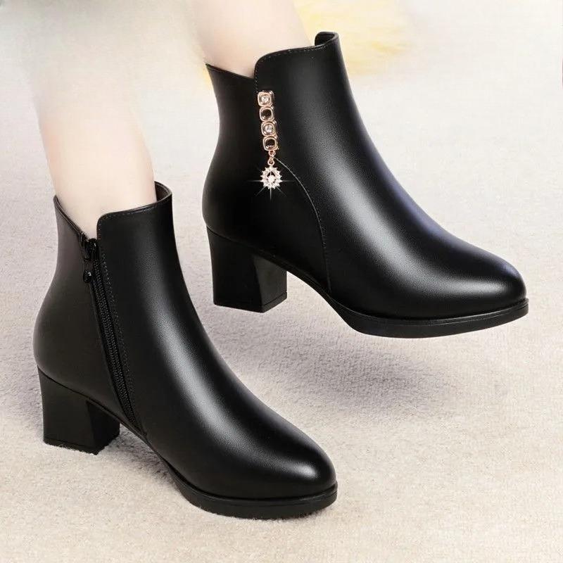 Duży Rozmiar 35-42 Damskie Zimowe Skórzane Buty Plus Aksamit Antypoślizgowe Krótkie Botki na Grubym Obcasie