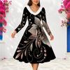 Women Plus Size V Neck Furry Trim Long Sleeve Printed Tie Waist A Line Black Midi Dress
