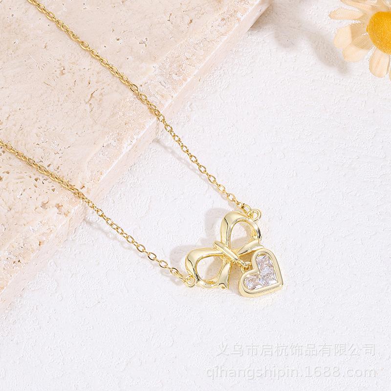 Design Love Bow Necklace Women'S Light Luxury Simple Versatile Zircon Heart Pendant Clavicle Chain