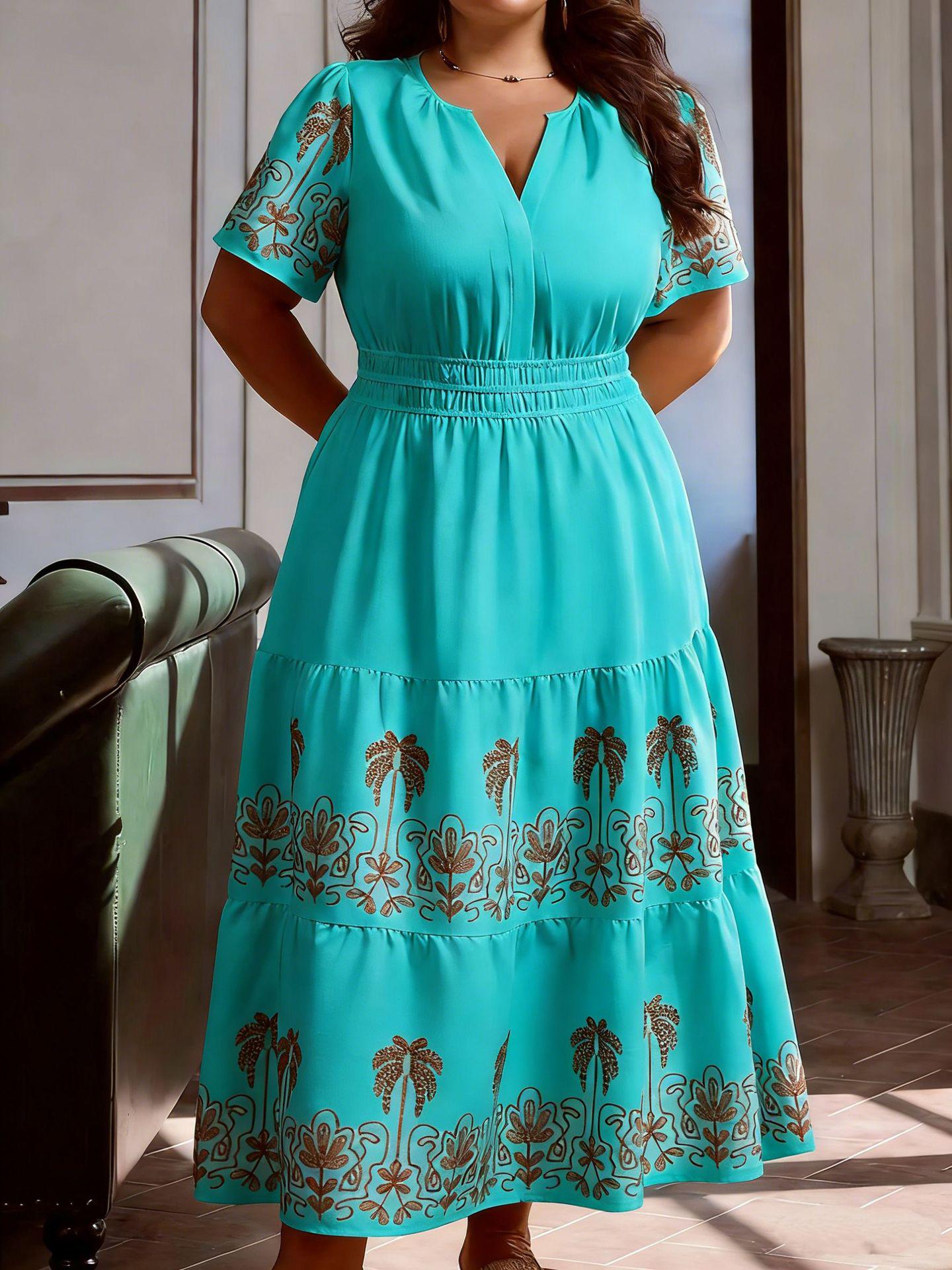 

2026 Summer European & American Fashion V-Neck Printed Short Sleeve Cinched Waist Long Dress XXL изумрудный