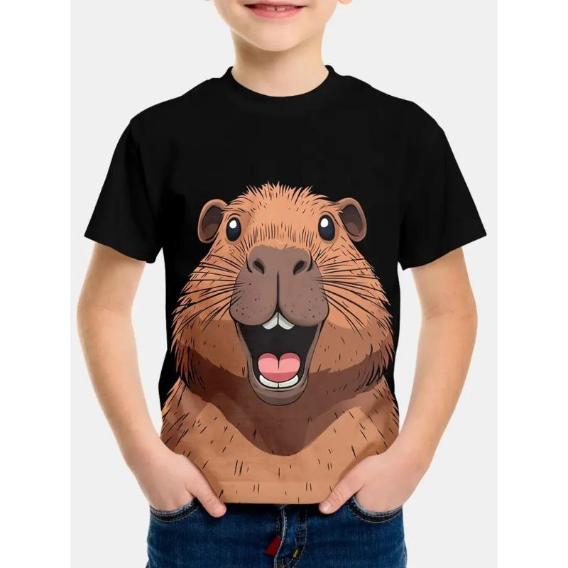 Round Neck 3D Capybara Printed Fashionable Short Sleeved Children's Boy T-shirts - Soft Medium Stretch Polyester Fabric Summer Relaxed Fit Clothing