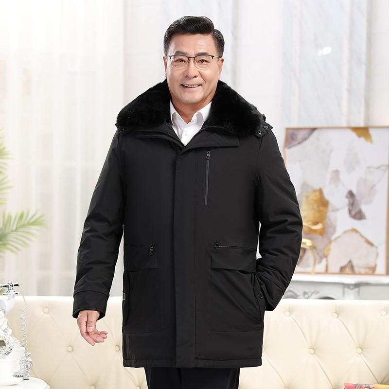 Mens Winter Mid-Long Down Jacket With Hood Warm Thick Puffer Coat Middle-Aged Senior Men Business Casual Style
